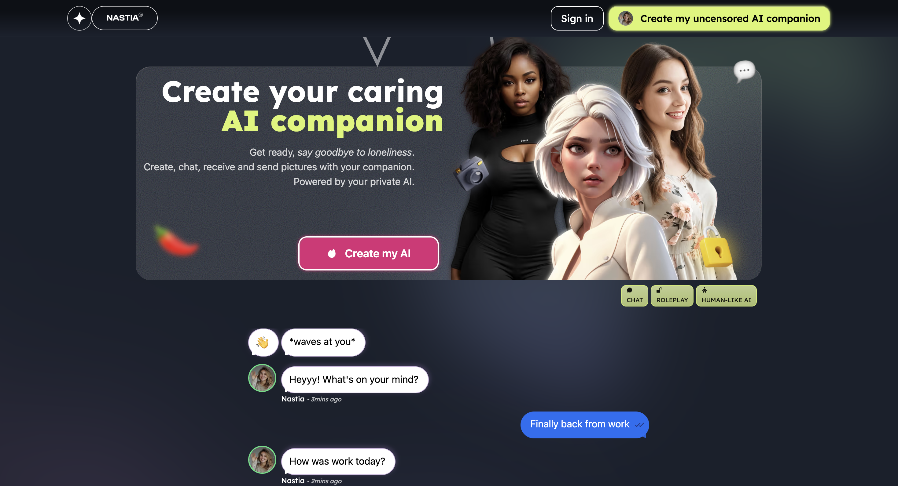 Nastia AI virtual companion app interface screenshot 1 - Nastia AI features, user interface, and AI chat capabilities