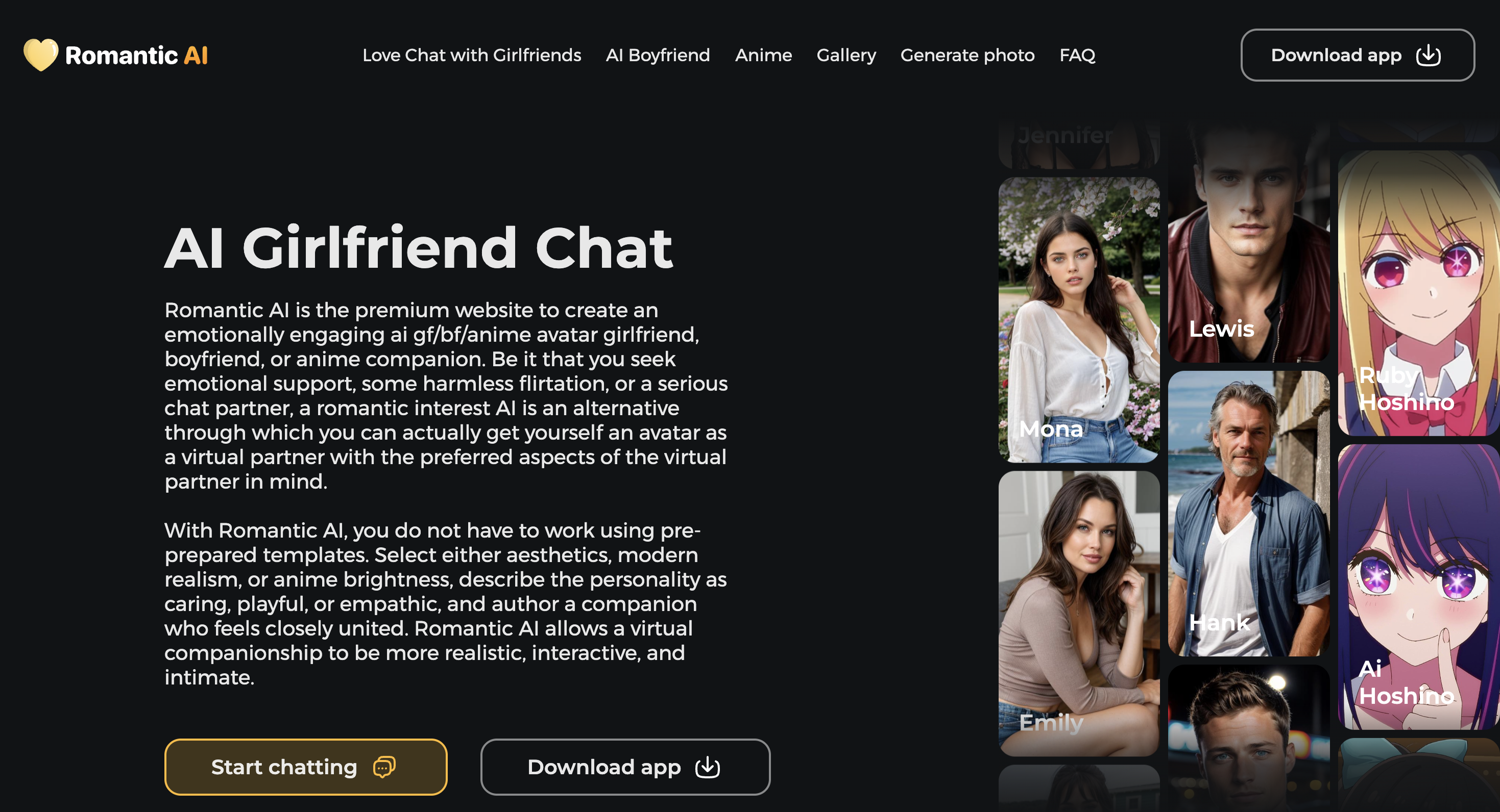 Romantic AI virtual companion app interface screenshot 1 - Romantic AI features, user interface, and AI chat capabilities